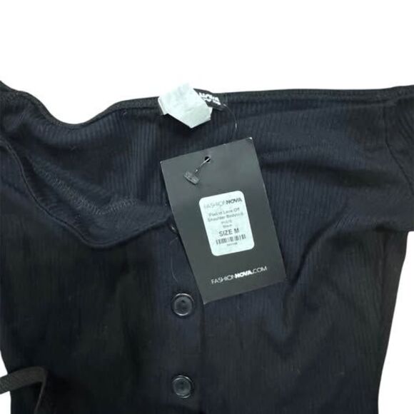 Fashion Nova Black Ribbed One Piece Bodysuit Medium New w/ Tags - Picture 2 of 2